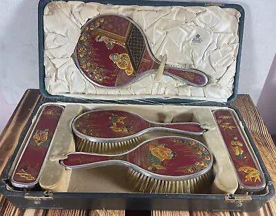 £2000 • Buy Asprey Silver & Chinoiserie Lacquer 5 Piece Dressing Table Set Pre-Namiki