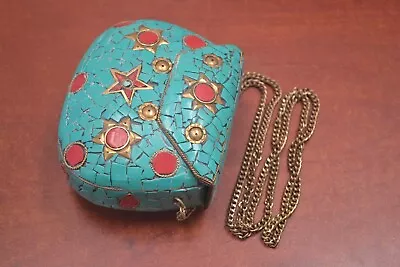 Handmade Turquoise Shell Clutch Vintage Brass Metal Purse #t-2101 • $20