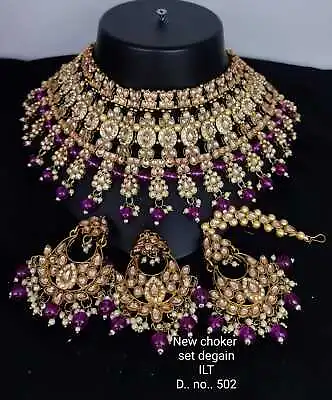 Bollywood Indian Gold Finish Kundan Pearl Bridal Choker Necklace Jewelry Set • $27.56