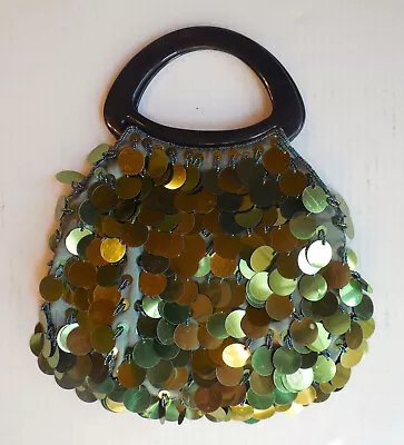 Vintage Green Glitter Sparkle Disc Handbag Black Handle Snap Closure Go Go Disco • $9.99