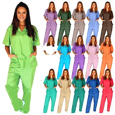 Medical Scrub Unisex Men Women Natural Uniforms Hospital Nursing Set Top & Pants • $13.99