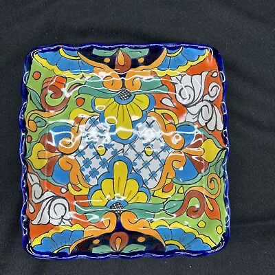 Mexican Talavera Mexico Folk Art Pottery 8” Square Bowl Dish Centerpiece Hanging • $21