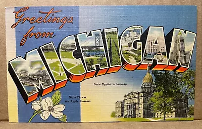 Greetings From Michigan Multi View Large Letter Vintage Linen Postcard • $5.95