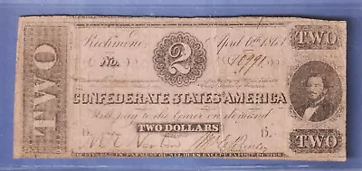 $2 Confederate States 1863 Note Civil War Currency Obsolete T-61 Two Dollar Bill • $49.85