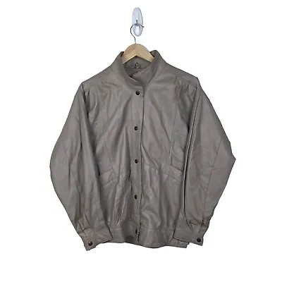 Leather Biker Jacket Grey Vintage Bomber Button Up Size Large • $16.79