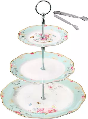 Light Blue 3-Tier Ceramic Cake Stand- Cupcake Stand- Tea Party Pastry Serving Pl • $51.99