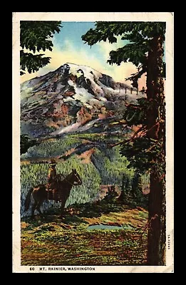 Dr Jim Stamps Linen Postcard Horse Rider At Mt Rainier Washington • $0.25