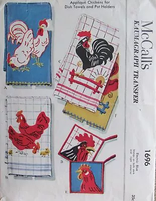 VTG 1952 McCall Kaumagraph Transfer 1696 Applique & Embroidery CHICKENS Pattern • $5.79