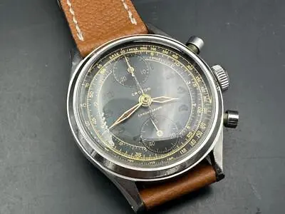 Vintage SS Croton Chronograph Watch With Black Gilt Dial. • $2150