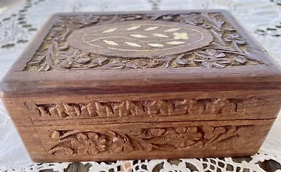 Vintage Ornate Carved Timber  Wooden Cigar Trinket Jewellery Box  Inlaid • $45