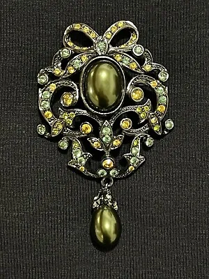 Joan Rivers Faberge Bow Green Pearl Drop Brooch • $45