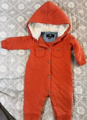 7 For All Mankind Infant Baby Hooded One Piece Fleece Bodysuit  0-3 Months EUC. • $18