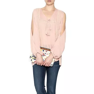Elan Boho Blush Pink Top Size S V Neck Tassel Long Sleeve Womens • $9.99
