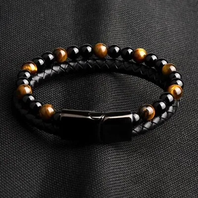 Black Bracelet Men's Braided Leather Bangle Stainless Steel Cuff Wristband • $12.88
