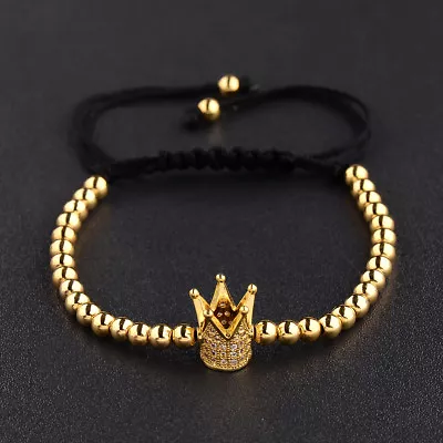 Charm Men's Cubic Zircon 24kt Gold Plated Crown Bracelets Bead Macrame Bracelets • $6.99