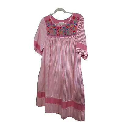 Go Softly Large Pink White Embroidered Stripe Patio Dress W Pockets MooMoo • $32