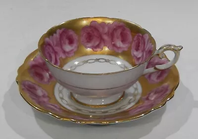 UCAGCO Occupied Japan CABBAGE ROSE CUP & SAUCER GOLD BACKGROUND Paragon Aynsley • $195