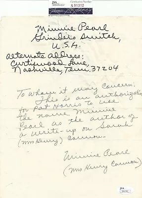 MINNIE PEARL Signed Autograph SARAH CANNON Personal Letter RARE JSA Country • $299.99