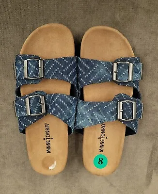 Minnetonka Sandals Womens 8 Double Strap Adjustable Blue Denim Chambray NEW • $19.99