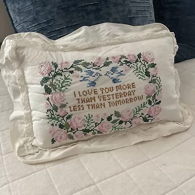 Vintage Cross Stitch Pillow Floral  I Love You More 13x18  Cottage Core • $39.99