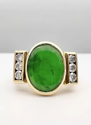 Vintage 18k Yellow Gold Natural Apple Green Imperial Jade Jadeite & Diamond Ring • $1495