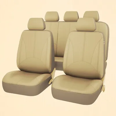 Beige PU Leather Car Seat Cover Full Set Front Rear Seat Cushion Mat Protector • $67.19
