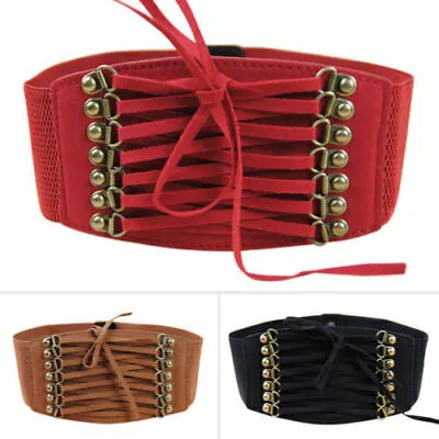 Vintage Lace Up Corset Wide Black Belt Steampunk Pirate Stretch Elastic Belt. • $13.09