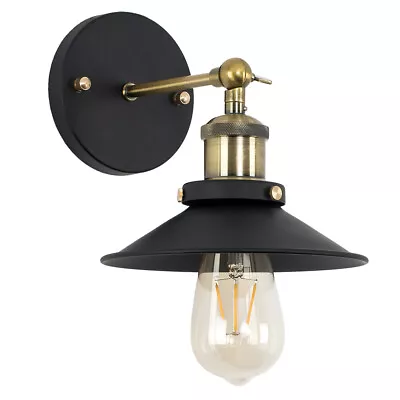 Industrial Wall Light Fitting Black Metal Light Tapered Shade LED Filament Bulb • £18.99