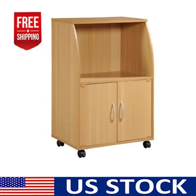 Kitchen Rolling Cart Microwave Cupboard Storage Cabinet Shelf Door Stand Beech • $65.41