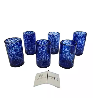 Novica Set Of 6 Mexican Cobalt Blue Speckle Handblown Drinking Glasses Tumblers • $62.95