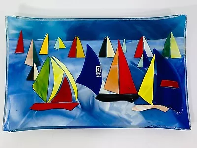 MDINA Glass Malta Sailboats Yachts Ocean Fused Art Glass Rectangle Tray Dish • $34.99