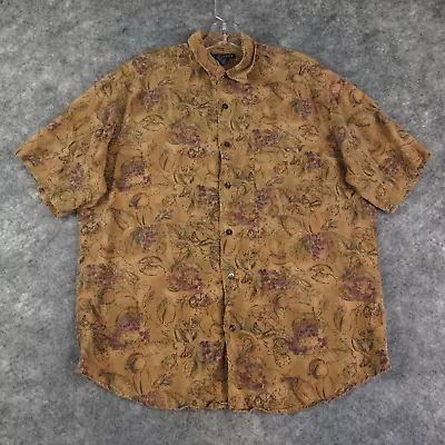 Claiborne Shirt Men Medium Brown Floral Print Short Sleeve Button Up Rayon Linen • $15.95