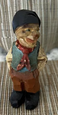 Vintage Wood Carving Figure Hand Carved Folk Art Small Man With Scarf 3” • $10