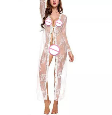 Women Ladies Sexy Lingerie Long Lace Dress Sheer Gown Kimono Robe Charming • £11.04