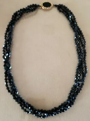 Vintage 22  Jet Black Crystal Bead Multi-strand Necklace Goldtone Clasp W/stone • $18.99
