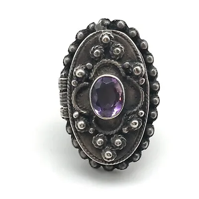 Vintage 925 Sterling Silver Genuine Amethyst Poison Locket Ring Size 5.75 • $195