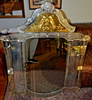 Stunning C1800s Antique Large VENETIAN ETCHED MIRROR -47  Tall Gilded Highlights • $3155.85