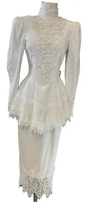 Vtg Jessica McClintock Gunne Sax High Neck White Lace Pencil Skirt  Bow Dress 4 • $216