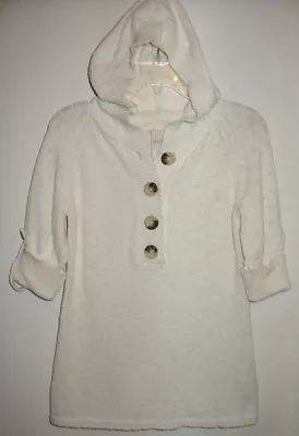 Women's XS Merona Ivory Henley Hoodie Sweater Cotton Acrylic Nubby 3/4 Slvs XC • $13