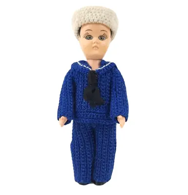 Sailor Boy Vintage Doll Hard Plastic Blue Crochet Suit White Hat Sleepy Eyes 5  • $7.23