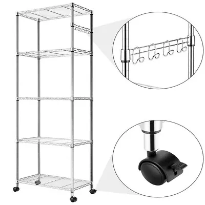 5 Tier Wire Shelving Unit Metal Storage Rack With 4 Wheels Kitchen Shelf • £49.99