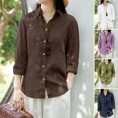 Womens Spring Plain Casual Shirt Long Sleeve Lapel School Formal Tops Blouse NEW • $19.37