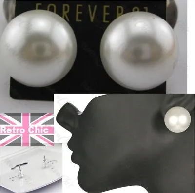 BIG 2.5cm PEARL STUD EARRINGS Vintage Style 50s Chic WHITE Large Pearls Studs • $3.58