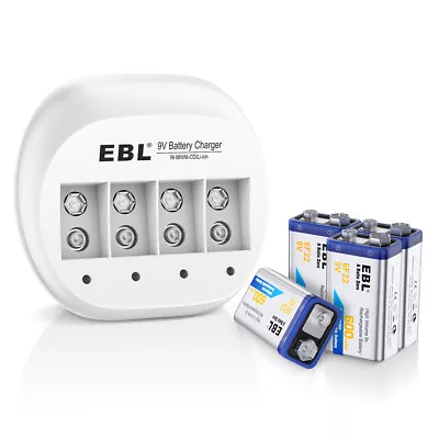 EBL 9v Battery USB Rechargeable Lithium 6f22 PP3 Block 9volt Li-ion  & Charger • £9.99