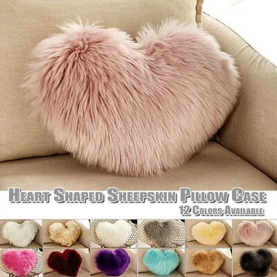 Fluffy Love Heart Shape Pillow Case Soft Sheepskin Sofa Cushion Cover Home Decor • £10.39