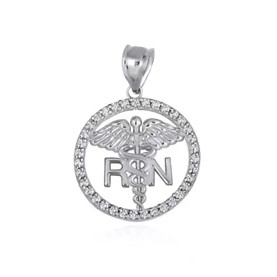 .925 Sterling Silver RN Caduceus Registered Nurse CZ Circle Pendant Necklace • $19.99