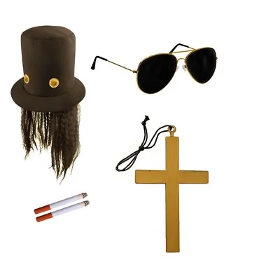 80s Slash Guns 'n Roses Fancy Dress Costume Hat Wig Hair Glasses Rock Guitar Man • £16.99