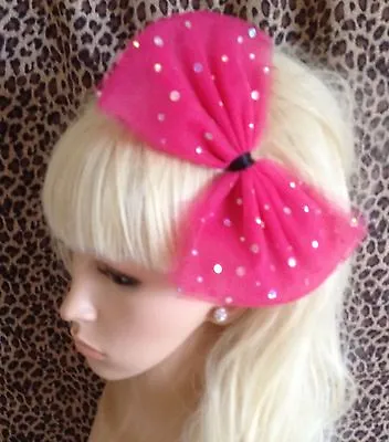  HOT PINK SPARKLE  BOW TULLE TUTU NET ALICE HAIR HEAD BAND 80s PARTY FANCY DRESS • £4.99