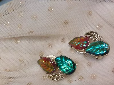 Molded Art Glass Iridescent Earrings Clip On Vintage Jewelry • $16.77