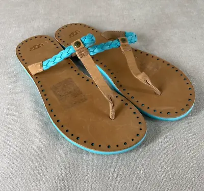 Ugg Australia Thongs Flip Flops Womens 12 Turquoise Leather Bria Sandals • $17.99